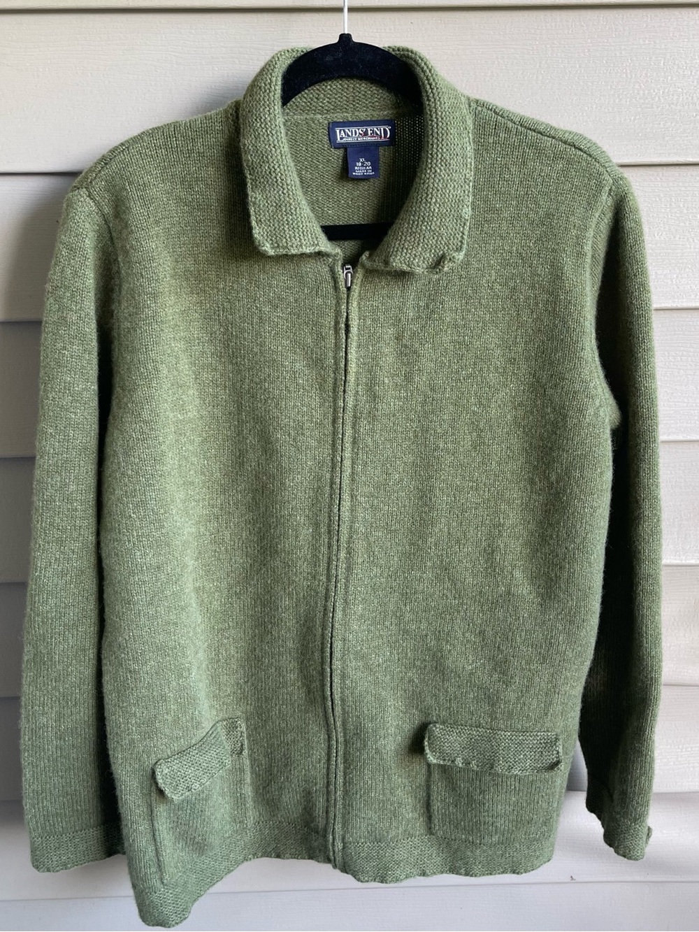 Y2K Lands’ End 100% Lambswool Cardigan Sweater Full Zip Olive Green Women’s XL